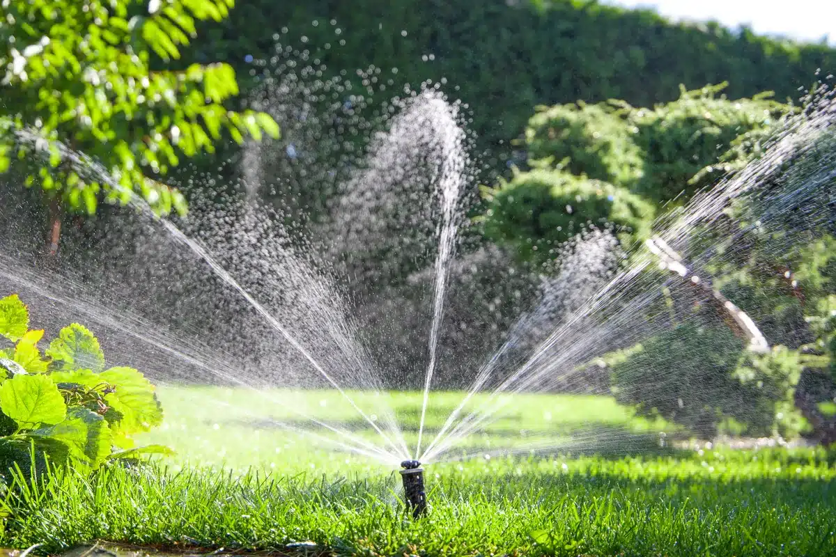 A garden sprinkler waters a lush green lawn. Sunlight sparkles through the spray, highlighting surrounding foliage and trees, creating a serene atmosphere.