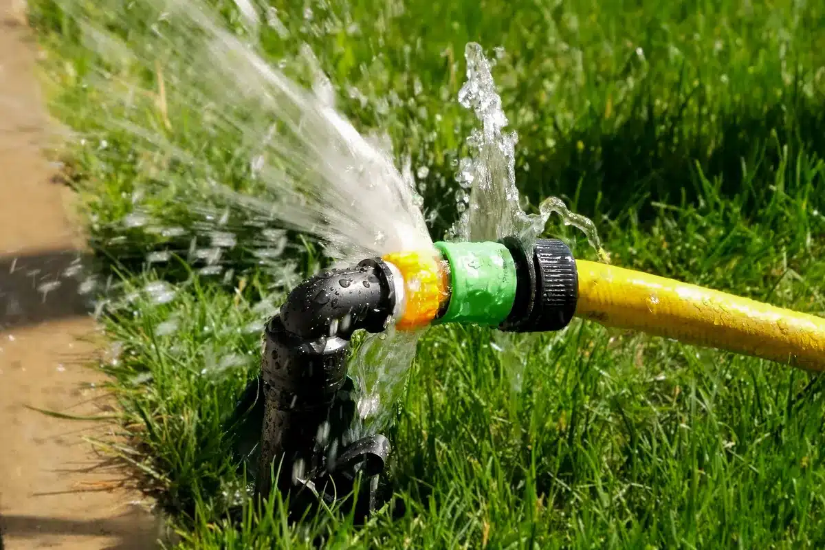 A garden hose with a leaky, colorful connector sprays water onto bright green grass, creating a playful, vibrant scene under the sun.