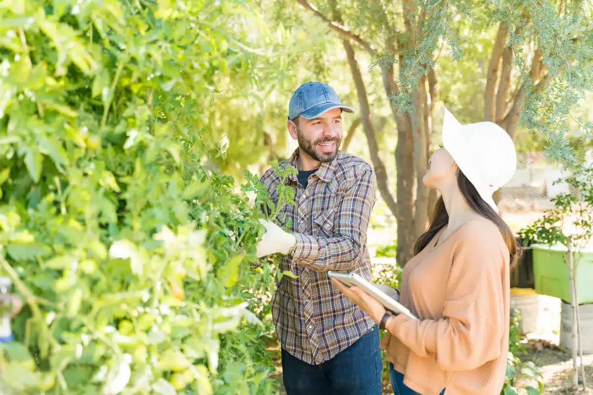 A man and woman stand in a lush garden, smiling and talking. The man, in a plaid shirt and denim cap, examines plants. The woman wears a tan sweater and white hat, holding a tablet. Sunlight filters through the trees, creating a warm, cheerful atmosphere.