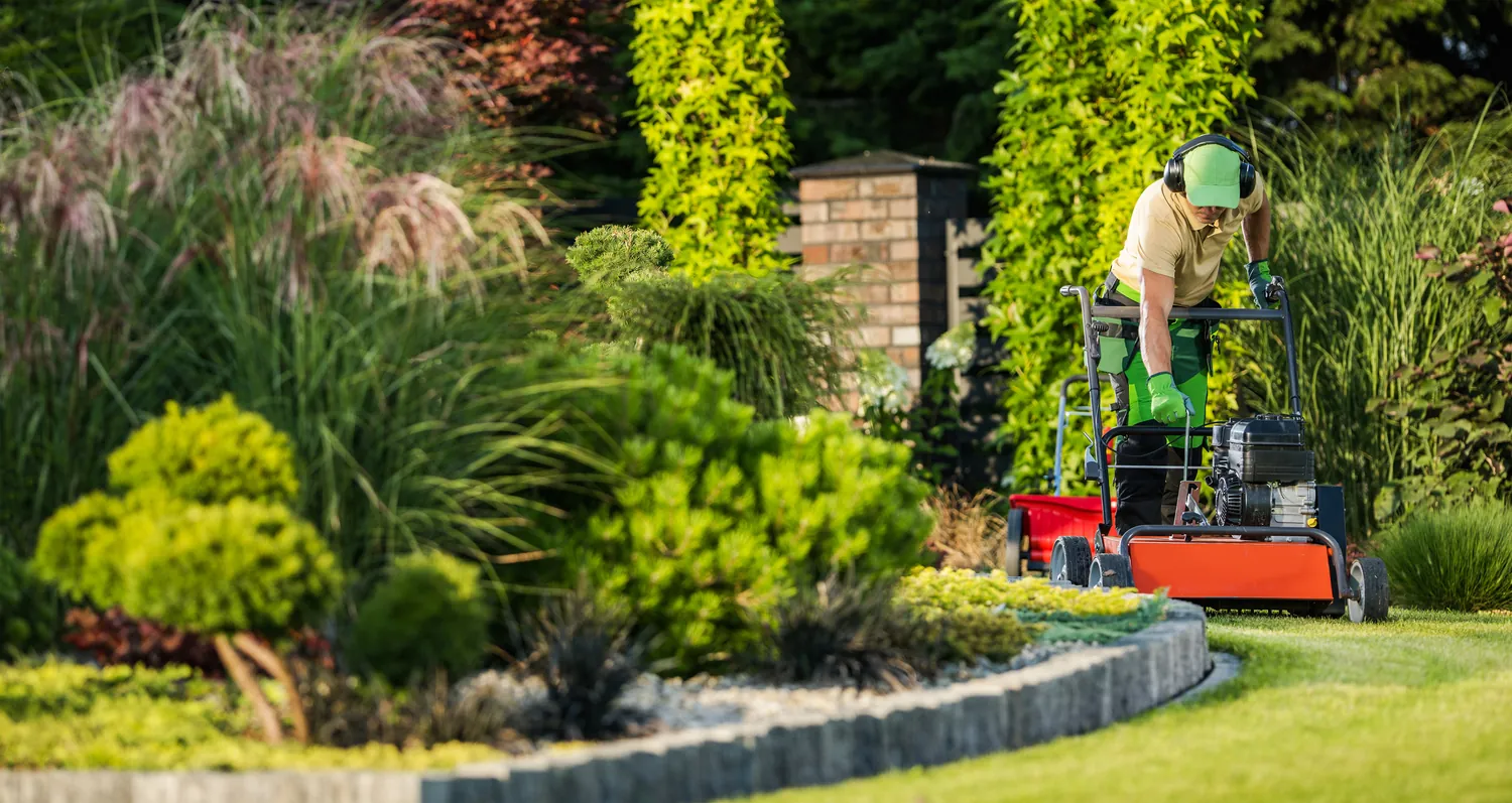 Person mowing a lush green lawn with vibrant shrubs and ornamental grasses, wearing protective headphones and gloves. The scene conveys a sense of tranquility.