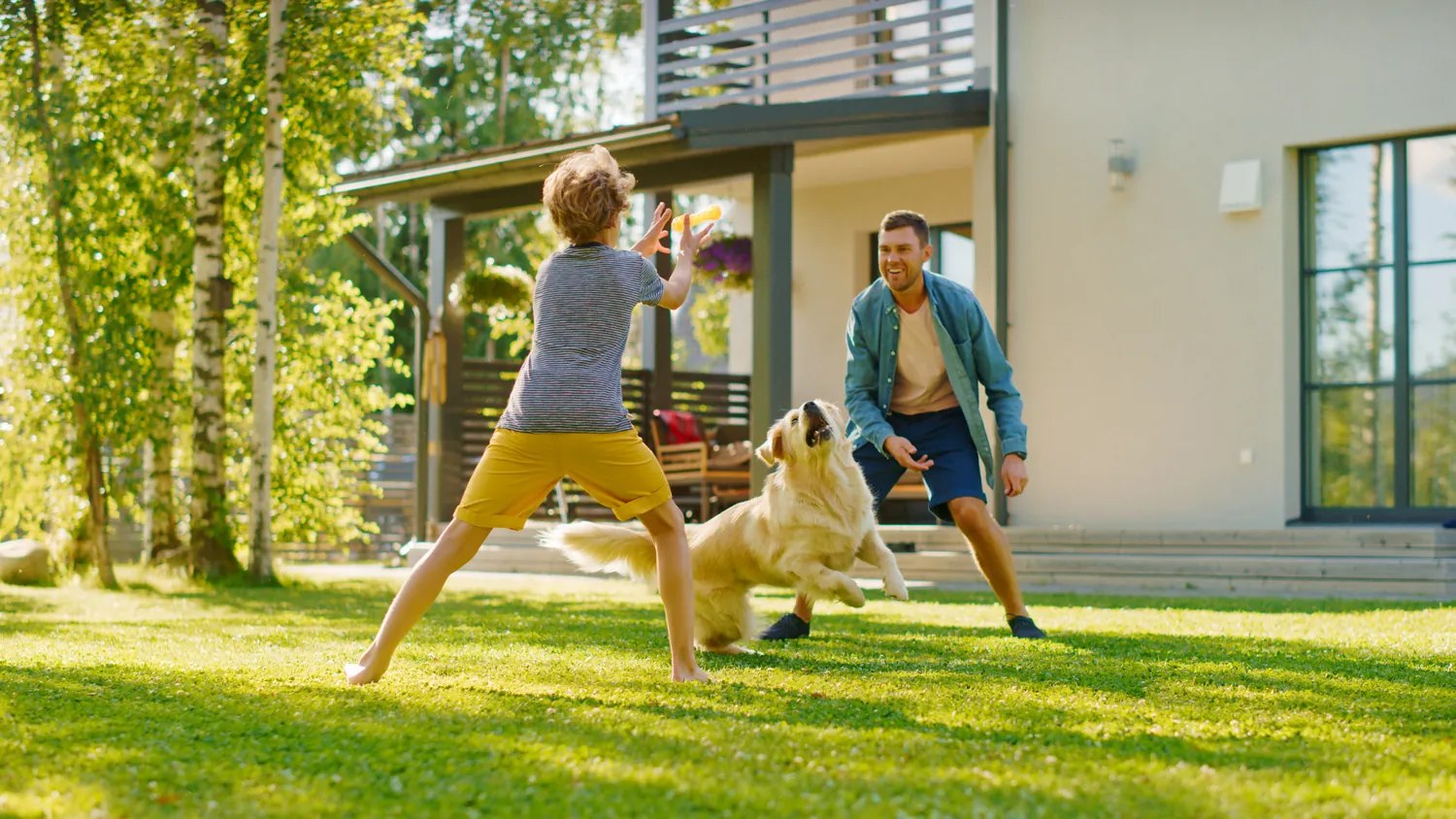 A cheerful boy and a man play with a fluffy dog on a sunny lawn outside a modern house. The scene is lively and filled with joy and warmth.