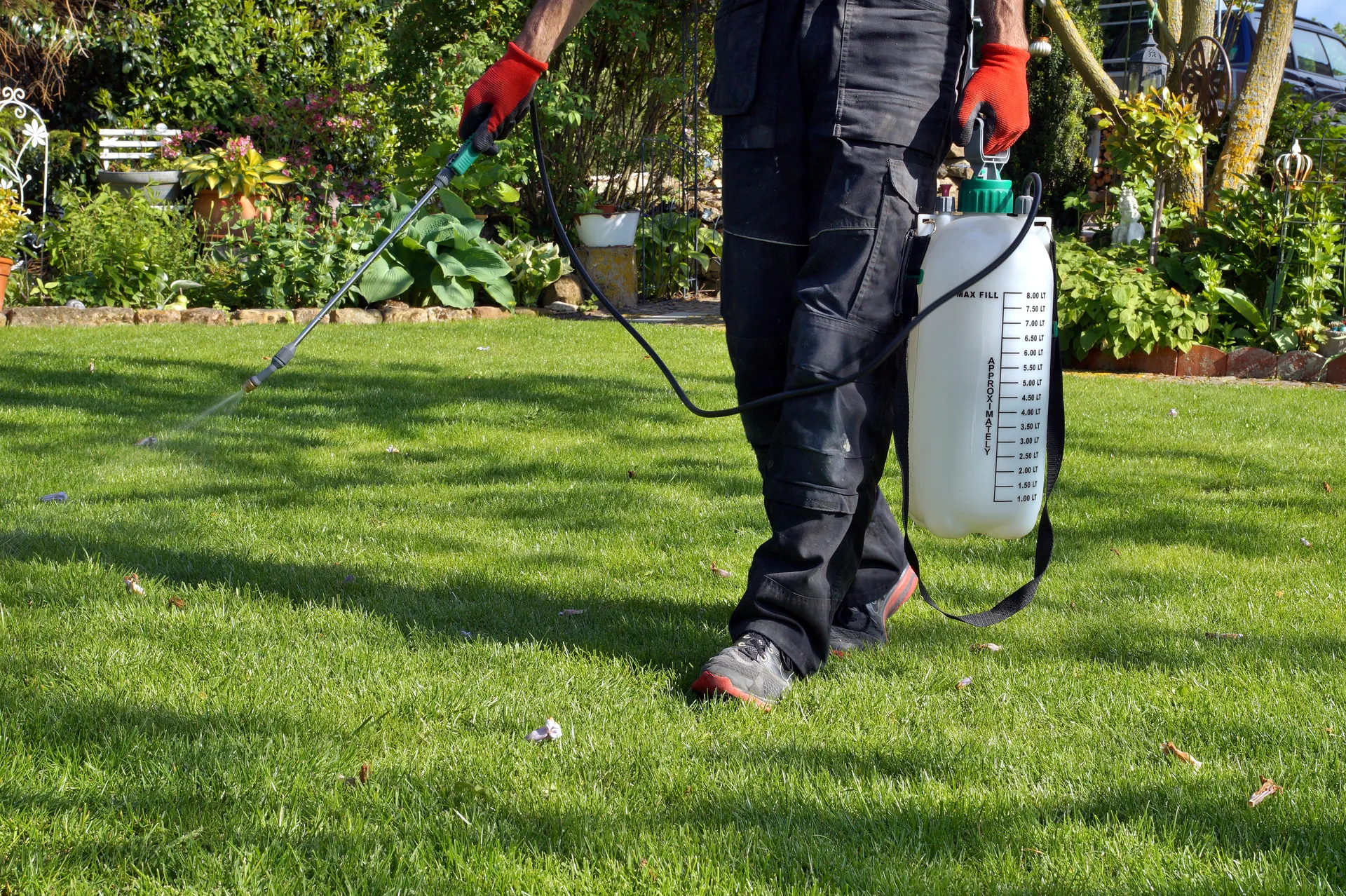 Professional lawn care technician in black workwear and red gloves spraying a garden with a labeled "MAX FILL" chemical tank in bright sunlight.